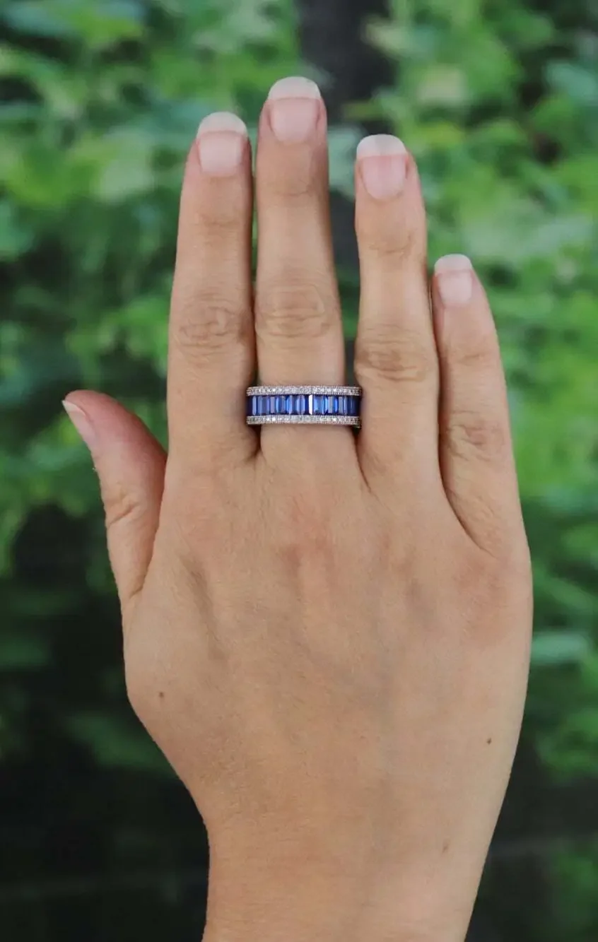 Sterling Silver Sparkly Lab Created Blue Sapphire and CZ Band Ring Size 6